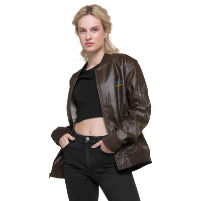 Stand with Ukraine Faux Leather Bomber Jacket Embroidery