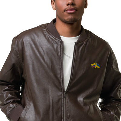 Colombia-Ukraine Faux Leather Bomber Jacket Embroidery