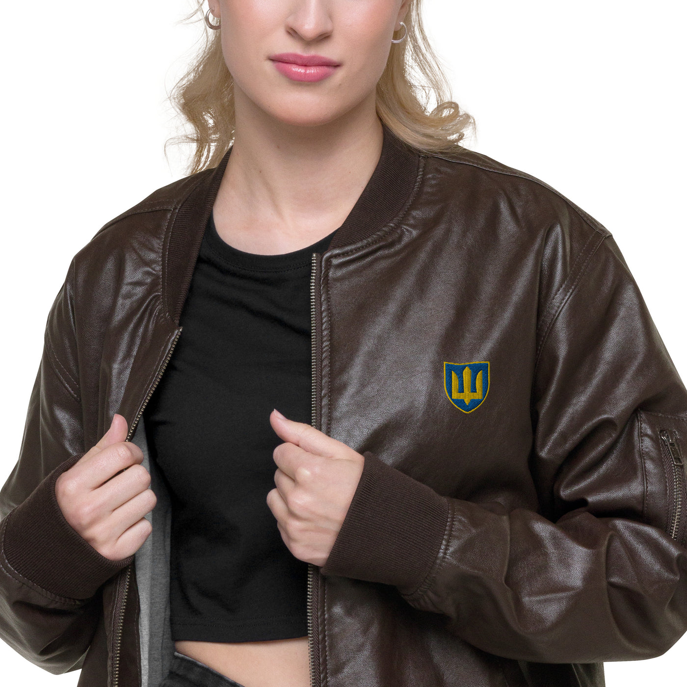 Ukrainian Military Emblem 1 Faux Leather Bomber Jacket Embroidery