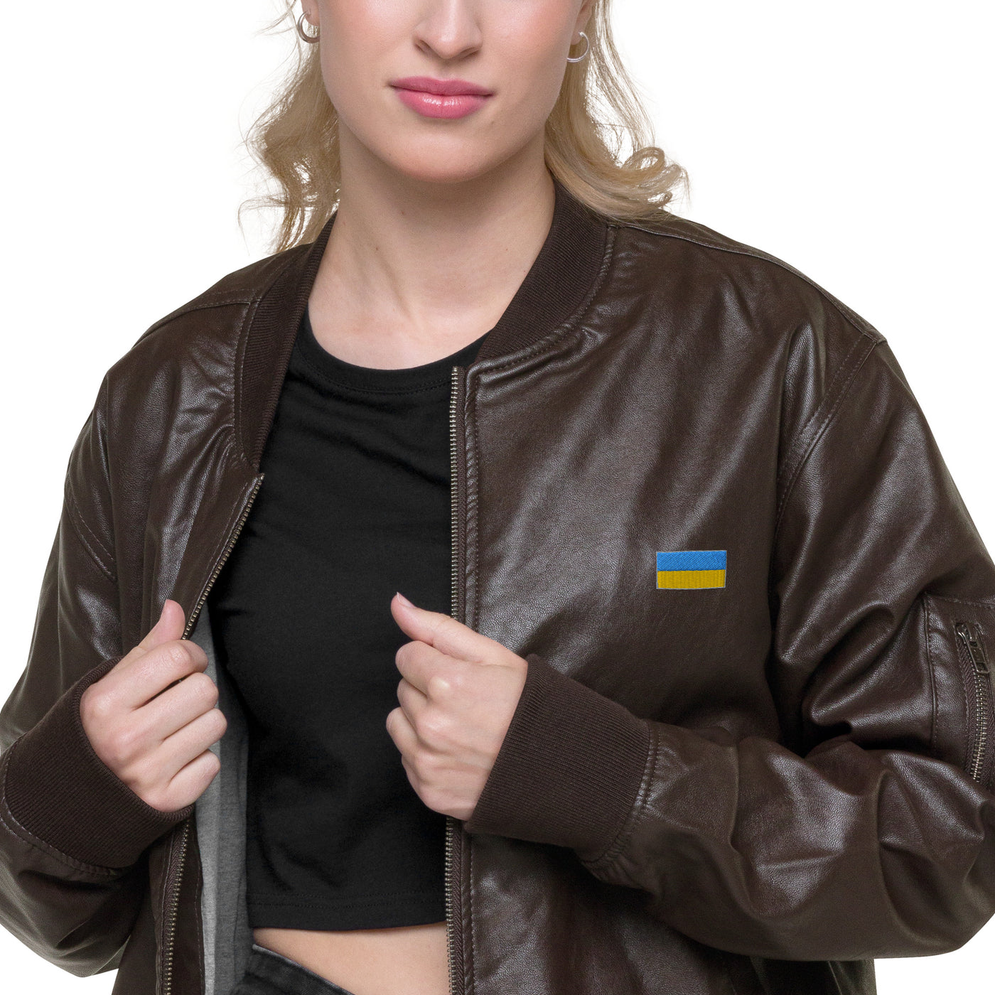 Ukrainian Flag Faux Leather Bomber Jacket Embroidery
