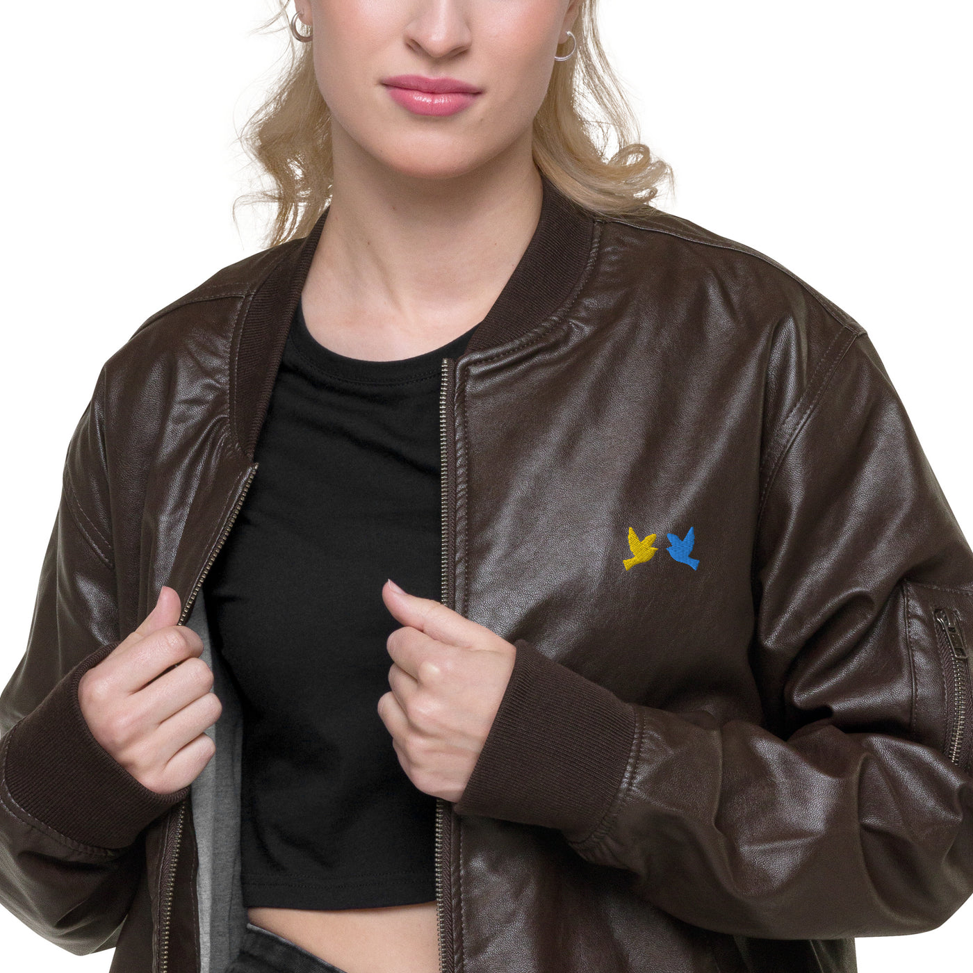 Birds from Ukraine Faux Leather Bomber Jacket Embroidery